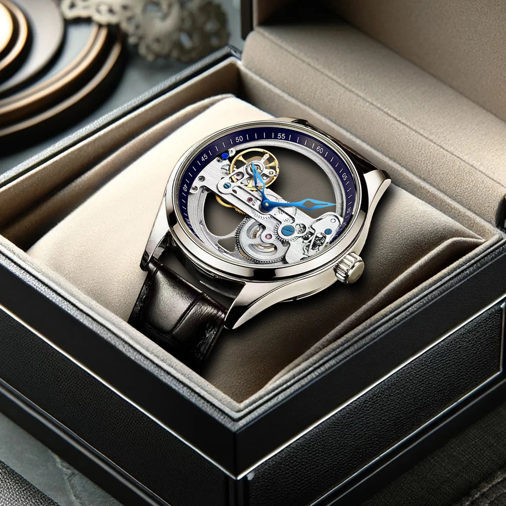 L'Orologio da Polso Meccanico "Skeleton Tourbillon Limited Edition" di PACOSHOP24.COM è dotato di ingranaggi a vista, lancette blu e cinturino in pelle nera ed è presentato in una confezione regalo nera imbottita e aperta.