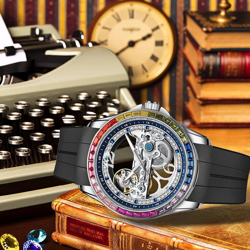L'Orologio Automatico Skeleton Tourbillon Uomo di PACOSHOP24.COM, con movimento meccanico a vista e cinturino nero, si trova su libri vintage; sullo sfondo, una macchina da scrivere e un orologio creano un'atmosfera elegante.