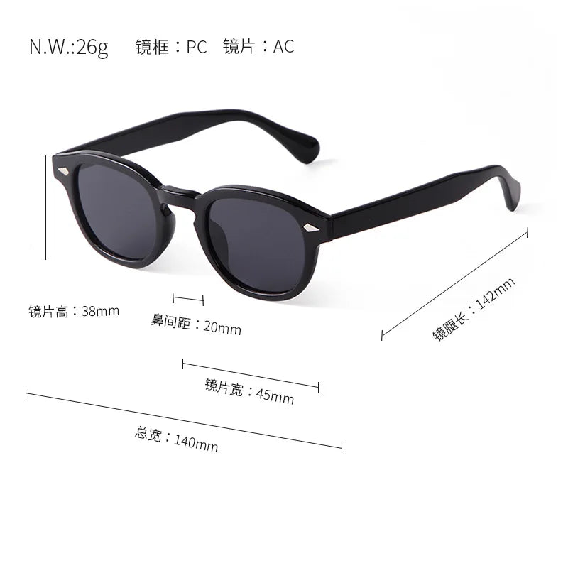 Gli Occhiali da sole vintage fashion retrò rotondi Unisex Policarbonato di PACOSHOP24.COM sono mostrati su sfondo bianco, con misure in millimetri per montatura, lenti, ponte nasale, larghezza totale, materiali e peso.