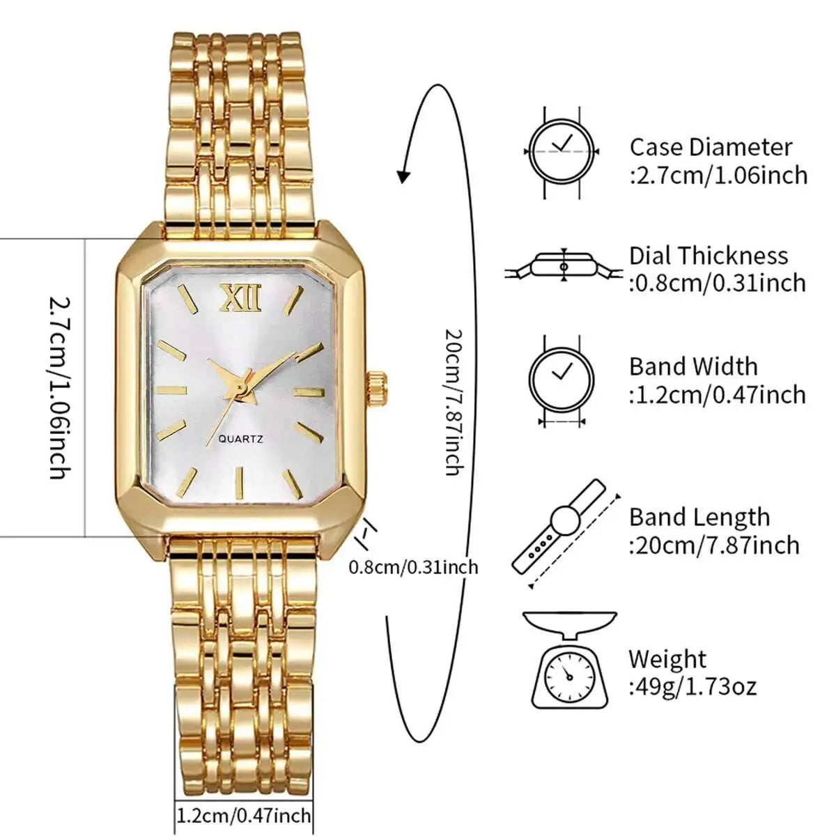 L'Orologio al quarzo donna rettangolare alla moda & Fashion di PACOSHOP24.COM ha una cassa in oro (2,7 cm), quadrante bianco con 12 romano e indici in oro, larghezza del cinturino di 1,2 cm, lunghezza di 20 cm e peso di 49 g per un'eleganza senza tempo.