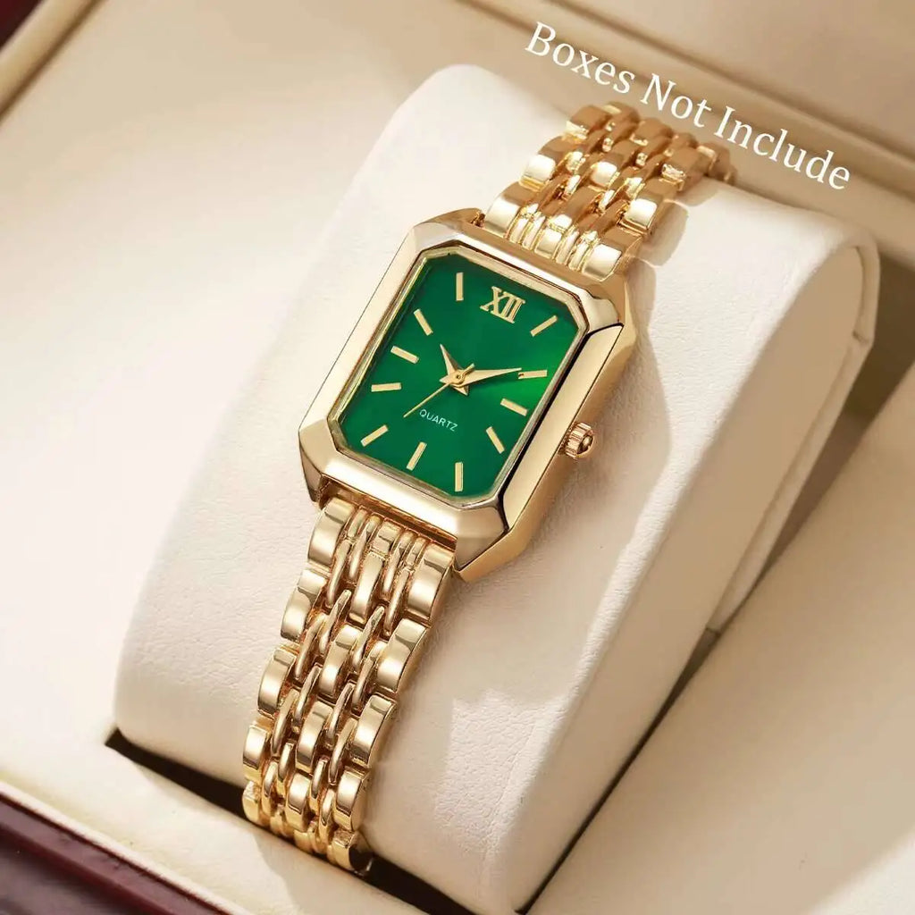 Un orologio da polso PACOSHOP24.COM Orologio al quarzo donna rettangolare alla moda & Fashion in oro con quadrante esagonale verde e indici dorati è esposto su un cuscino bianco. Nell'angolo in alto a destra compare la scritta "Boxes Not Include".