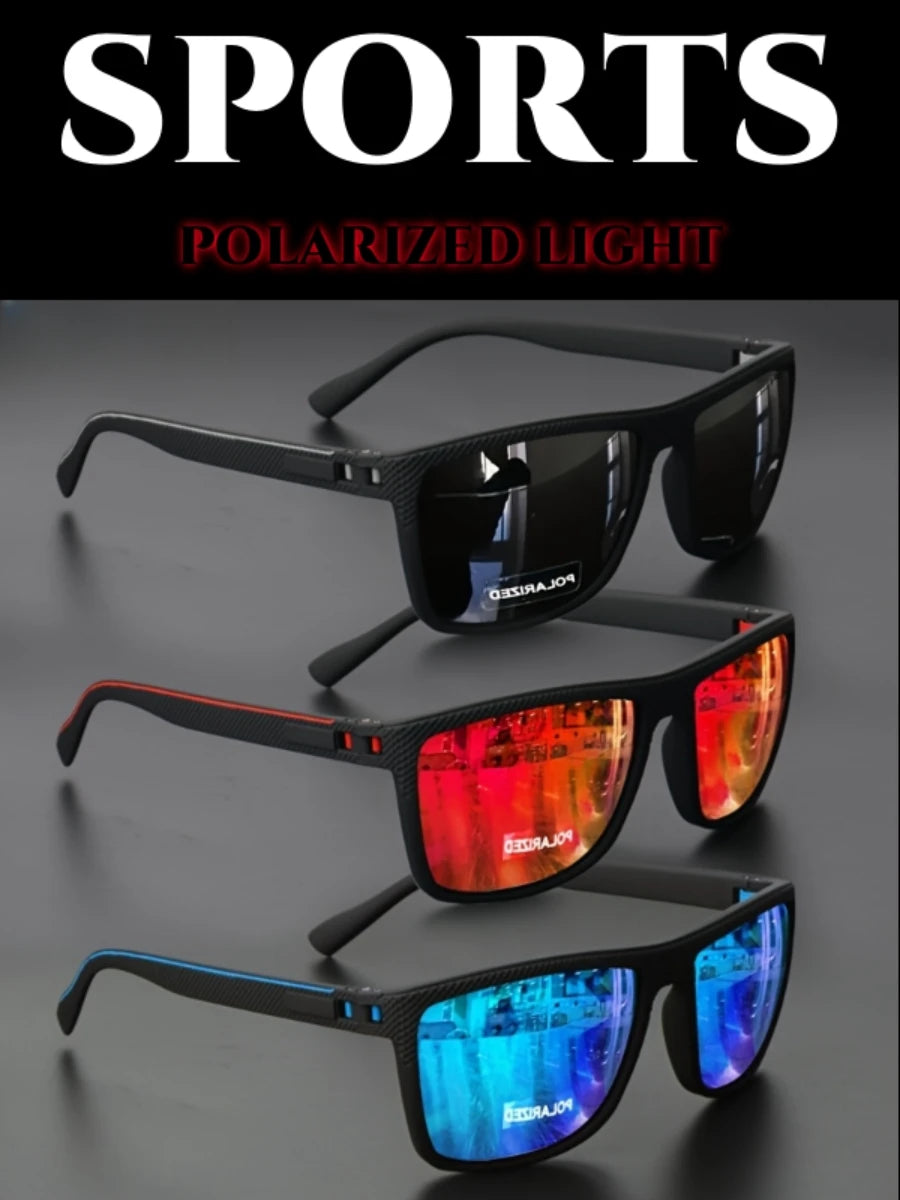 Tre paia di PACOSHOP24.COM Occhiali da sole unisex polarizzati a specchio sportivi con UV400 sono mostrati su una superficie scura: nero con lenti scure, rosso con lenti arancioni e blu con lenti blu.