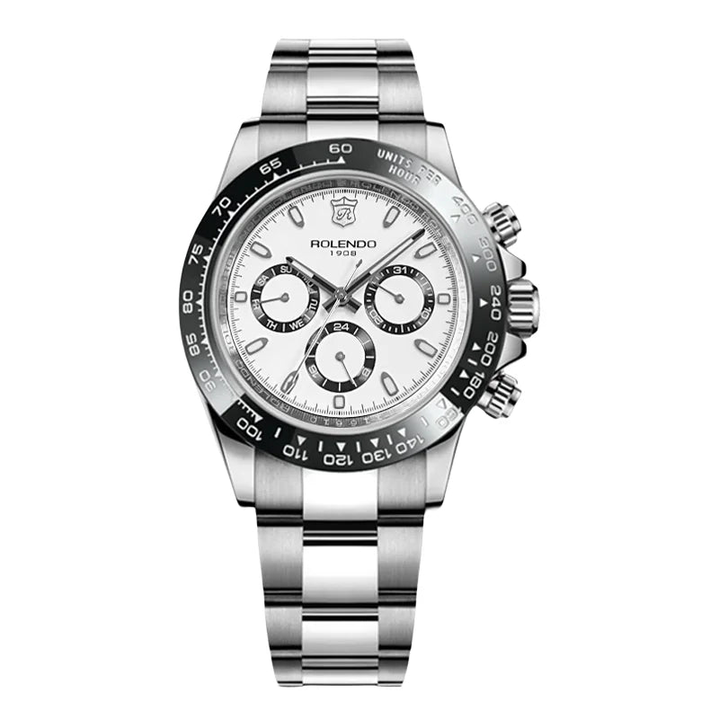 Cronografo automatico uomo in acciaio inossidabile PACOSHOP24.COM con quadrante bianco, tre contatori, lunetta in ceramica nera, vetro zaffiro, bracciale a maglie, indici e lancette argentati.