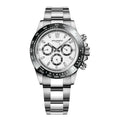 Cronografo automatico uomo in acciaio inossidabile PACOSHOP24.COM con quadrante bianco, tre contatori, lunetta in ceramica nera, vetro zaffiro, bracciale a maglie, indici e lancette argentati.