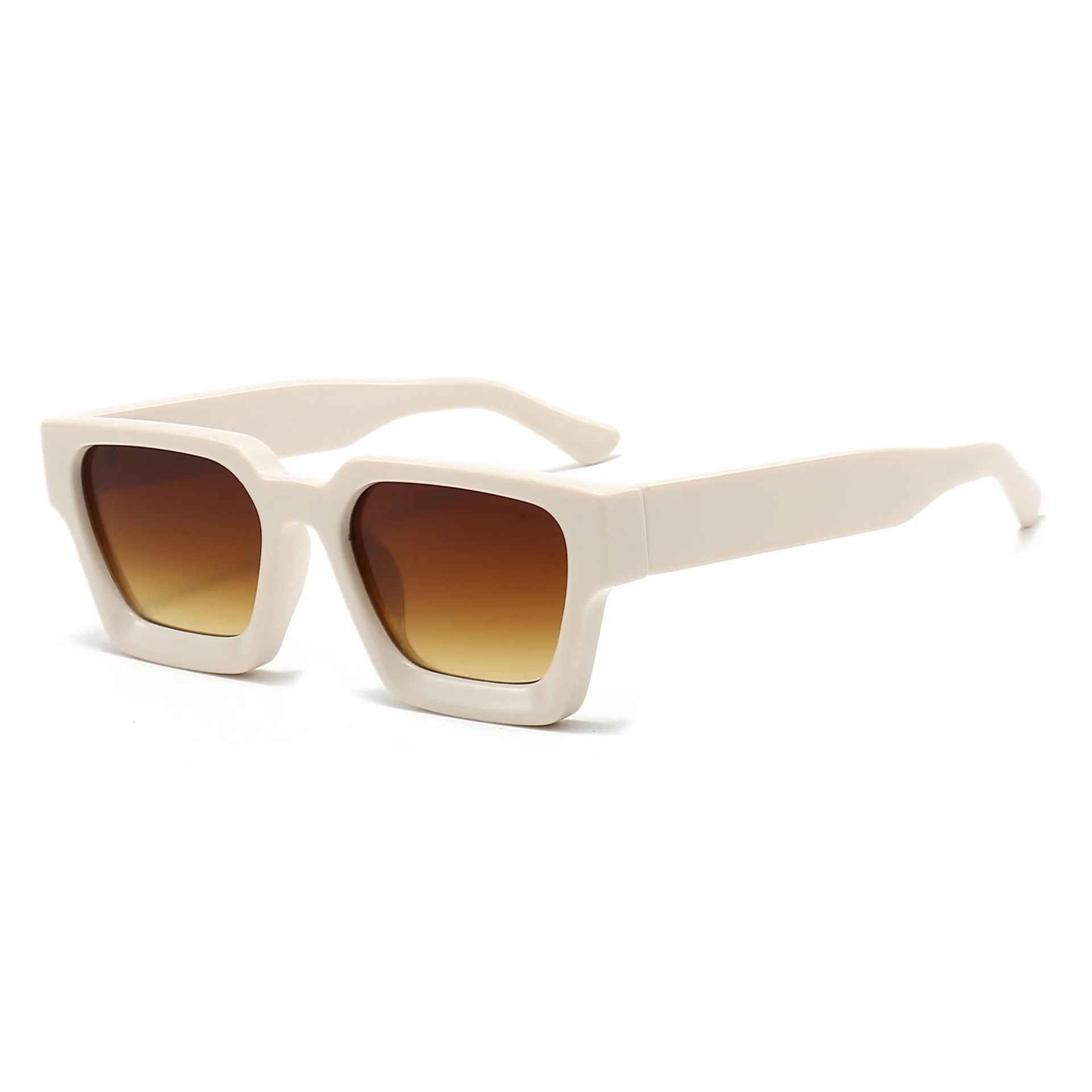 Occhiali da sole con montatura quadrata Fashion Retrò Vintage di PACOSHOP24.COM, in beige con spesse aste e lenti marroni sfumate UV400, su sfondo bianco.