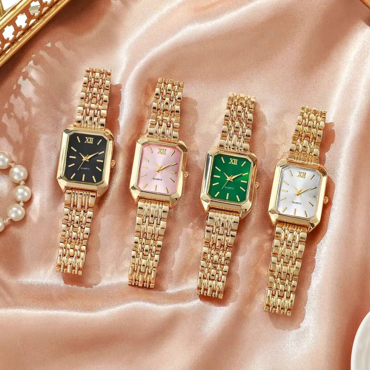 Quattro orologi d'oro PACOSHOP24.COM Orologio al quarzo donna rettangolare alla moda & Fashion con quadranti a numeri romani neri, rosa, verdi e bianchi poggiano su un raso color pesca; le perle si trovano a sinistra per un tocco di eleganza.
