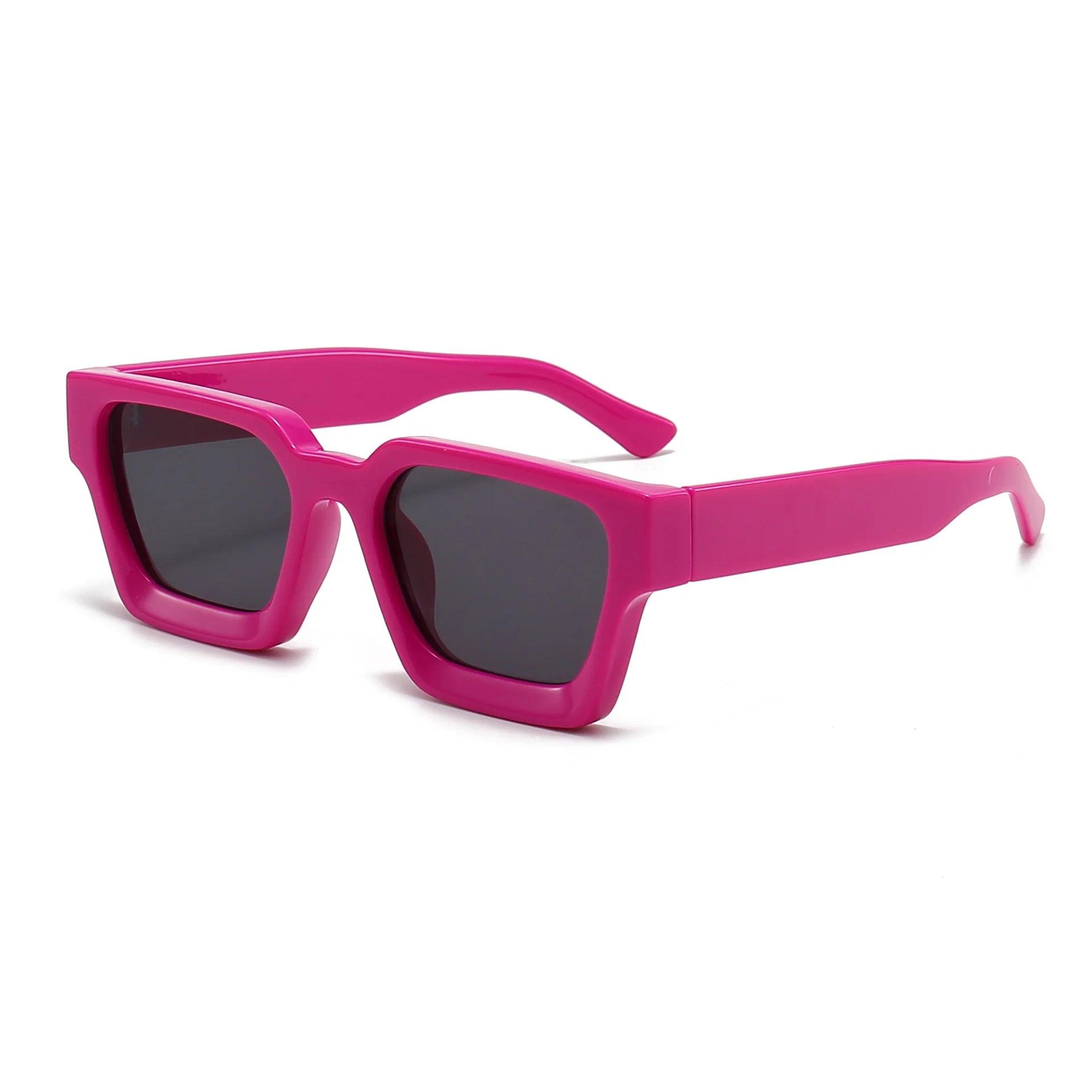 Gli Occhiali da sole con montatura quadrata Fashion Retrò Vintage di PACOSHOP24.COM sfoggiano una montatura spessa color rosa acceso e lenti UV400 scure, perfettamente esposte su sfondo bianco.
