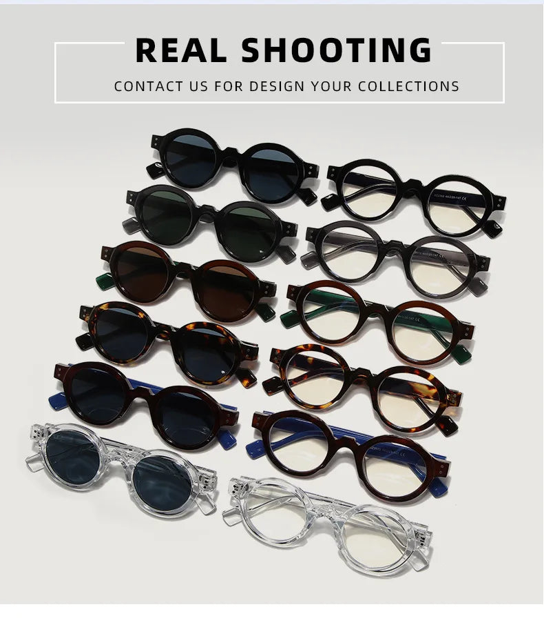 Dieci paia di PACOSHOP24.COM Occhiali da Sole Rotondi punk Retrò UV400 con montatura nera, tartarugata e trasparente sono ordinatamente disposti in fila su una superficie bianca sotto la voce "REAL SHOOTING".
