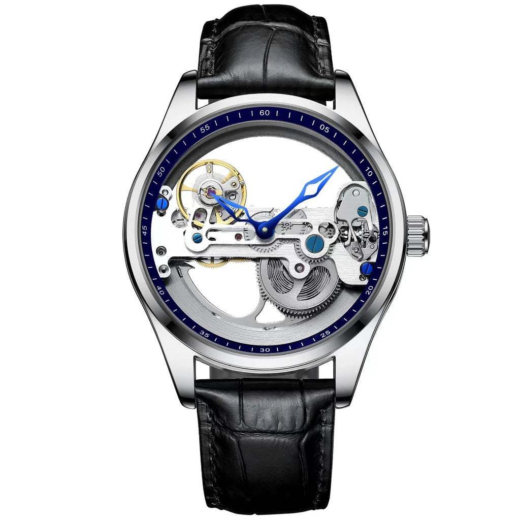 L'Orologio da Polso Meccanico Skeleton Tourbillon Limited Edition di PACOSHOP24.COM presenta un cinturino in pelle nera, una cassa argentata e un quadrante scheletrato con lancette blu e ingranaggi a vista: un raffinato esempio di orologi automatici.