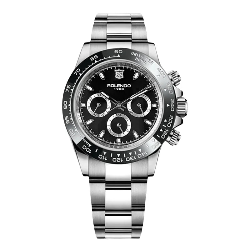 Orologio cronografo automatico da uomo in acciaio inossidabile argento con lunetta in ceramica e vetro zaffiro, dotato di tre contatori. Questo orologio porta il marchio PACOSHOP24.COM e offre un design classico e sportivo.