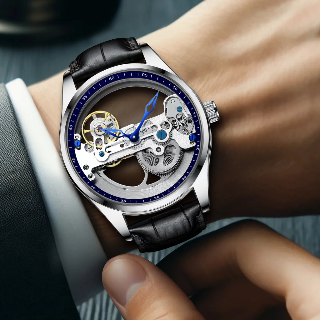 Una persona in abito da sera regola un PACOSHOP24.COM Orologio da Polso Meccanico "Skeleton Tourbillon Limited Edition" con cinturino in pelle nera, quadrante trasparente, lancette blu e ingranaggi intricati a vista.