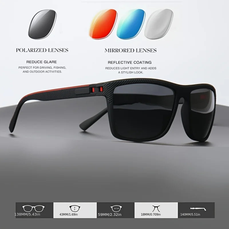 Un paio di Occhiali da sole unisex polarizzati a specchio sportivi di PACOSHOP24.COM in nero con protezione UV400 è mostrato, con opzioni di lenti in rosso, blu, grigio e argento. Le caratteristiche e le dimensioni del prodotto sono riportate di seguito.