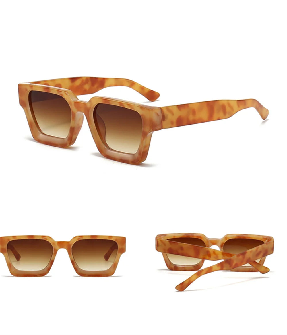 Tre viste di PACOSHOP24.COM Occhiali da sole con montatura quadrata Fashion Retrò Vintage, con spessa montatura arancione tartarugata e lenti marroni sfumate UV400, su sfondo bianco.