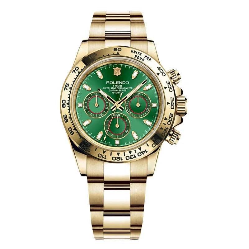 Lussuoso orologio da polso cronografo automatico da uomo in oro con quadrante verde, tre contatori e bracciale a maglie in metallo. La lunetta in ceramica e il vetro zaffiro mostrano la maestria dell'orologio automatico di PACOSHOP24.COM.