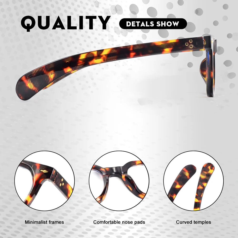 Vista laterale di PACOSHOP24.COM Occhiali anti luce blu Montatura unisex wayfarer retrò vintage con tre primi piani che mostrano il design minimalista, i comodi naselli e le aste ricurve. Lo sfondo e il testo a puntini chiari evidenziano le caratteristiche di qualità.