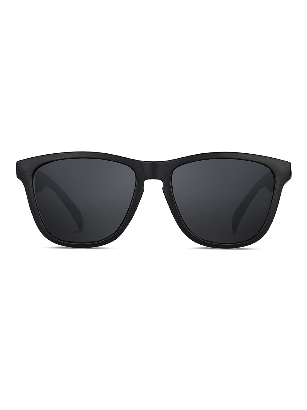 Un paio di occhiali da sole Herling Occhiali da sole Spectrum neri, con un classico design wayfarer, lenti scure colorate, montatura leggermente curva in policarbonato addizionato e protezione totale UV 400, su sfondo bianco.