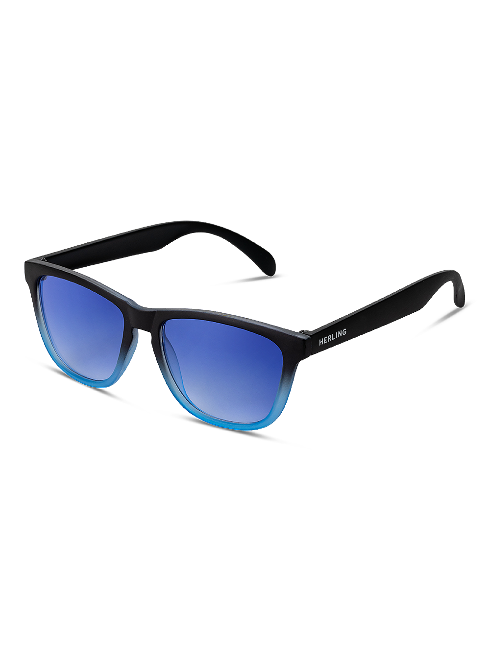 Occhiali da sole Spectrum di Herling con montatura nera e lenti colorate di blu, in bianco. Realizzati in policarbonato addizionato con protezione UV 400; la scritta "Herling" è in bianco sul braccio della tempia sinistra.