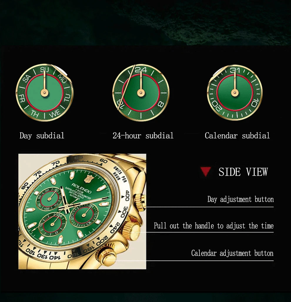 Diagramma che mostra i tre contatori verdi - giorno, 24 ore e calendario - che evidenziano il PACOSHOP24.COM Orologio automatico uomo cronografo lunetta ceramica vetro zaffiro in oro e verde, oltre alle istruzioni di vista laterale per la regolazione di giorno, ora e calendario.
