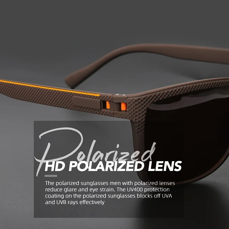 Primo piano di PACOSHOP24.COM Occhiali da sole unisex polarizzati a specchio sportivo su superficie grigia. Testo in sovrimpressione: Lenti polarizzate HD, riduzione del riflesso, protezione UV400 contro UVA/UVB.