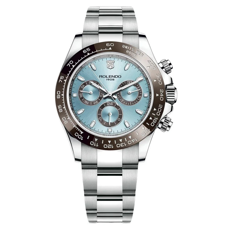 Orologio cronografo da uomo in acciaio inossidabile color argento con quadrante azzurro, tre contatori e lunetta in ceramica nera. PACOSHOP24.COM compare sotto le ore 12, a sottolineare la maestria dell'Orologio automatico uomo.