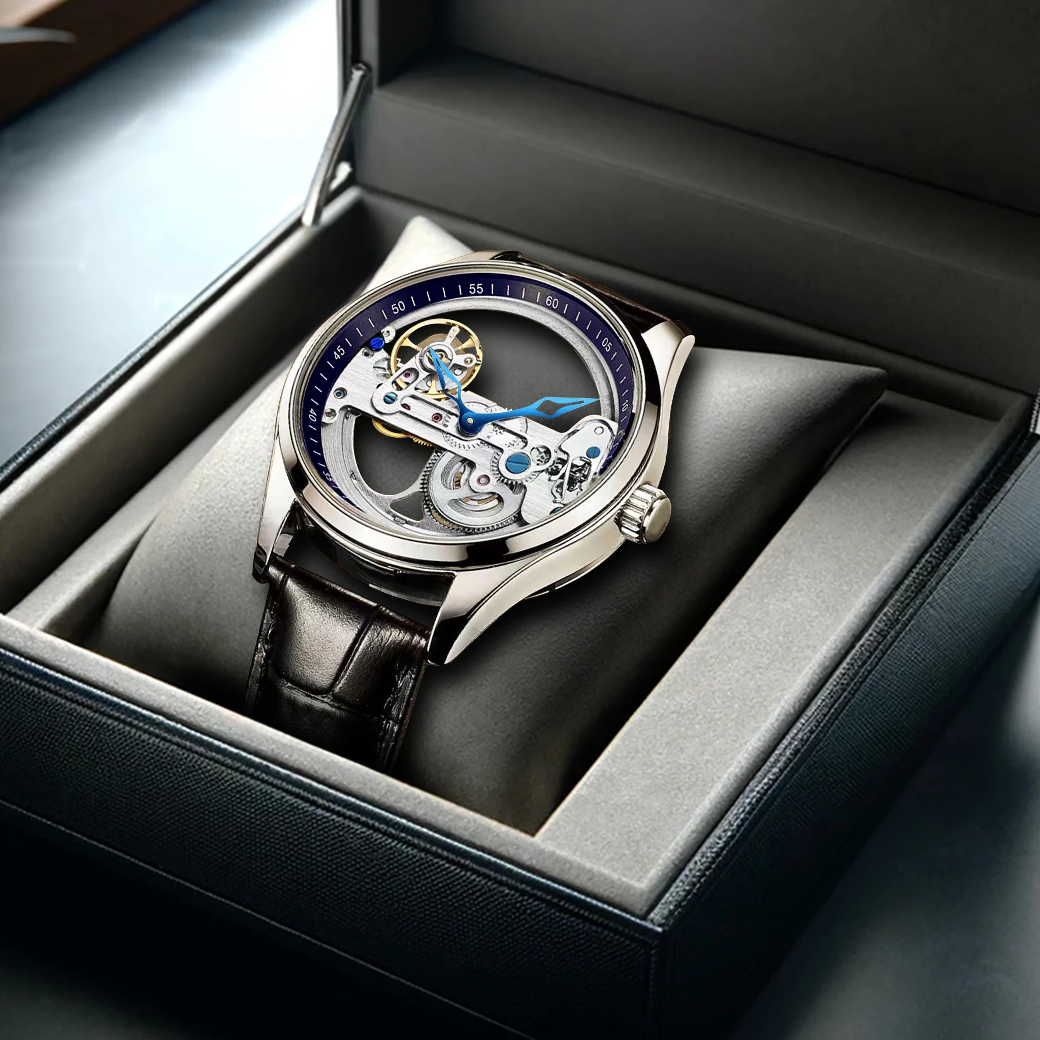 L'Orologio automatico unisex alla moda stile scheletro tourbillon Limited edition di PACOSHOP24.COM è caratterizzato da lancette blu, ingranaggi a vista, cinturino in pelle marrone e viene presentato in una scatola grigia imbottita su un tavolo.