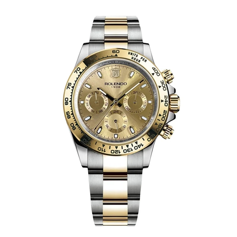 Orologio automatico uomo cronografo di lusso con fascia in argento e oro, lunetta in oro con indici neri, quadrante in oro con tre contatori e pulsanti laterali. PACOSHOP24.COM è visualizzato sotto la posizione delle ore 12.