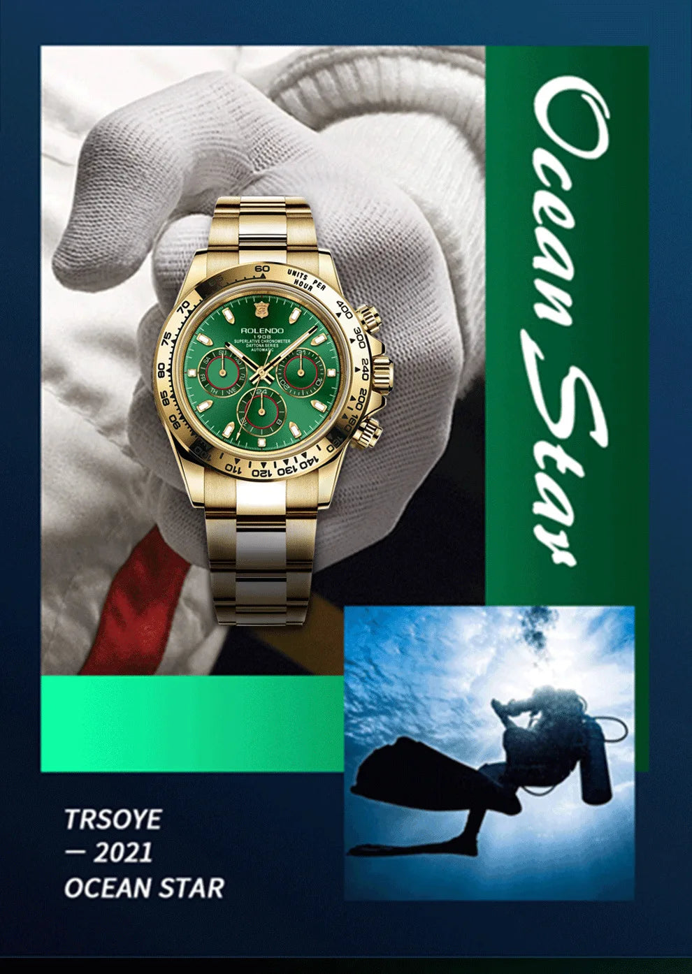 Una mano guantata regge un orologio di lusso in oro e verde Orologio automatico uomo cronografo lunetta ceramica vetro zaffiro di PACOSHOP24.COM. Il testo recita TRSOYE - 2021 OCEAN STAR. La sagoma di un subacqueo appare sott'acqua nell'angolo in basso a destra.