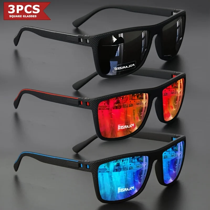 Tre paia di PACOSHOP24.COM Occhiali da sole unisex polarizzati a specchio sportivi sono disposti in diagonale su una superficie scura con lenti specchiate nere, rosso-arancio e blu con protezione UV400. La scritta "3PCS Square Glasses" appare in alto a sinistra.