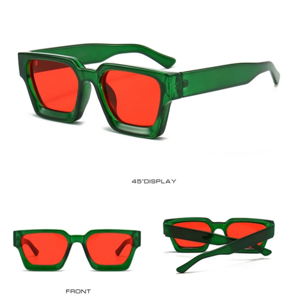 Tre viste di PACOSHOP24.COM Occhiali da sole con montatura quadrata Fashion Retrò Vintage: spesse montature rettangolari verdi e lenti UV400 rosse brillanti, mostrate da angolazioni laterali, anteriori e posteriori per evidenziarne il design elegante.