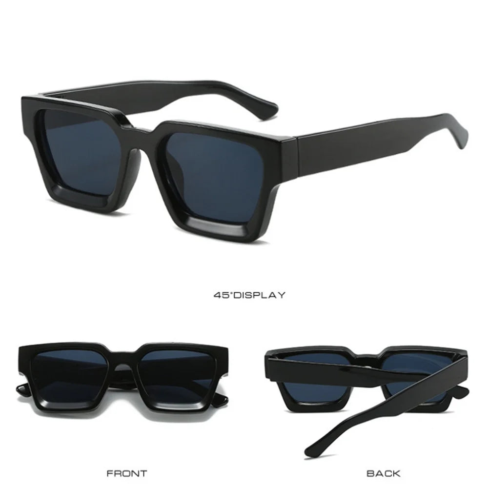 Tre viste di PACOSHOP24.COM Occhiali da sole con montatura quadrata Fashion Retrò Vintage: un angolo di 45°, una vista frontale di entrambe le lenti e una vista posteriore che mostra le braccia spesse.