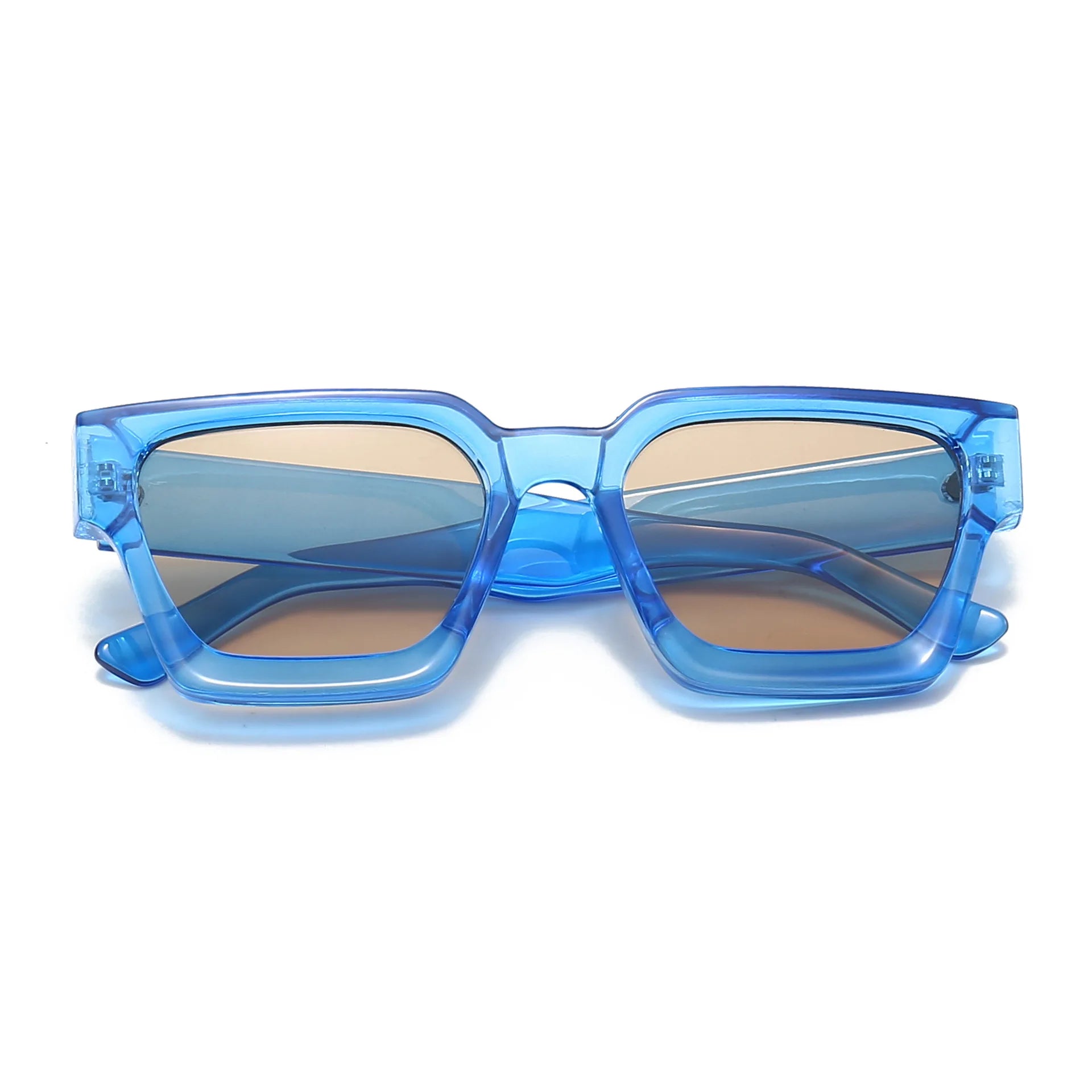 Occhiali da sole con montatura quadrata Fashion Retrò Vintage di PACOSHOP24.COM, con montatura blu e lenti UV400 marrone chiaro, su sfondo bianco.
