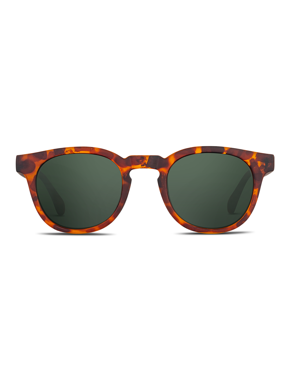 Occhiali da sole Verne di TWIG Concept Milano: occhiali tondi tartarugati con lenti verde scuro, realizzati in resistente occhiali policarbonato, presentati frontalmente su sfondo bianco.
