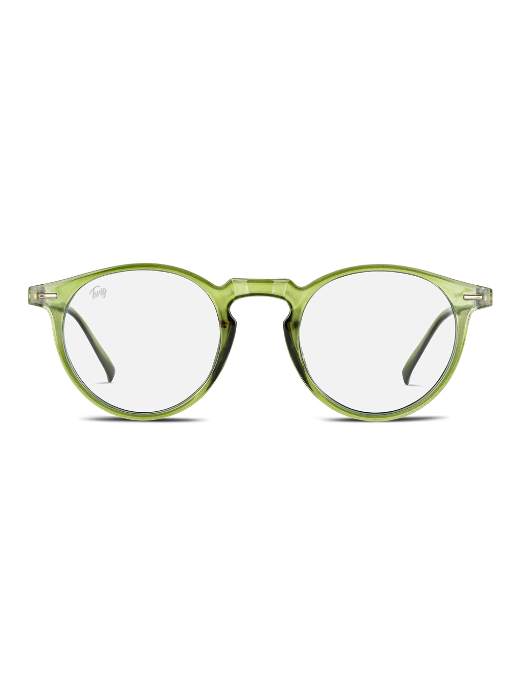 TWIG Concept Milano Occhiali luce blu Watson: montatura rotonda verde trasparente con lenti chiare, perfetta come occhiale da computer per ridurre l'affaticamento degli occhi, raffigurata frontalmente su sfondo bianco.