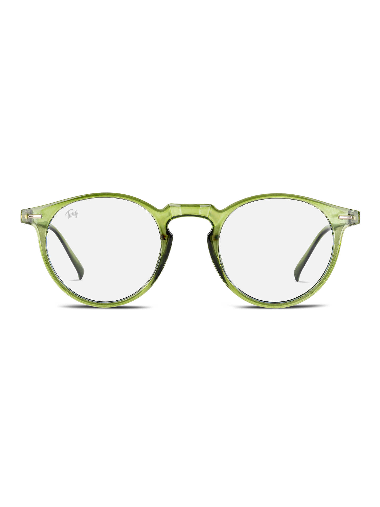 TWIG Concept Milano Occhiali luce blu Watson: montatura rotonda verde trasparente con lenti chiare, perfetta come occhiale da computer per ridurre l'affaticamento degli occhi, raffigurata frontalmente su sfondo bianco.