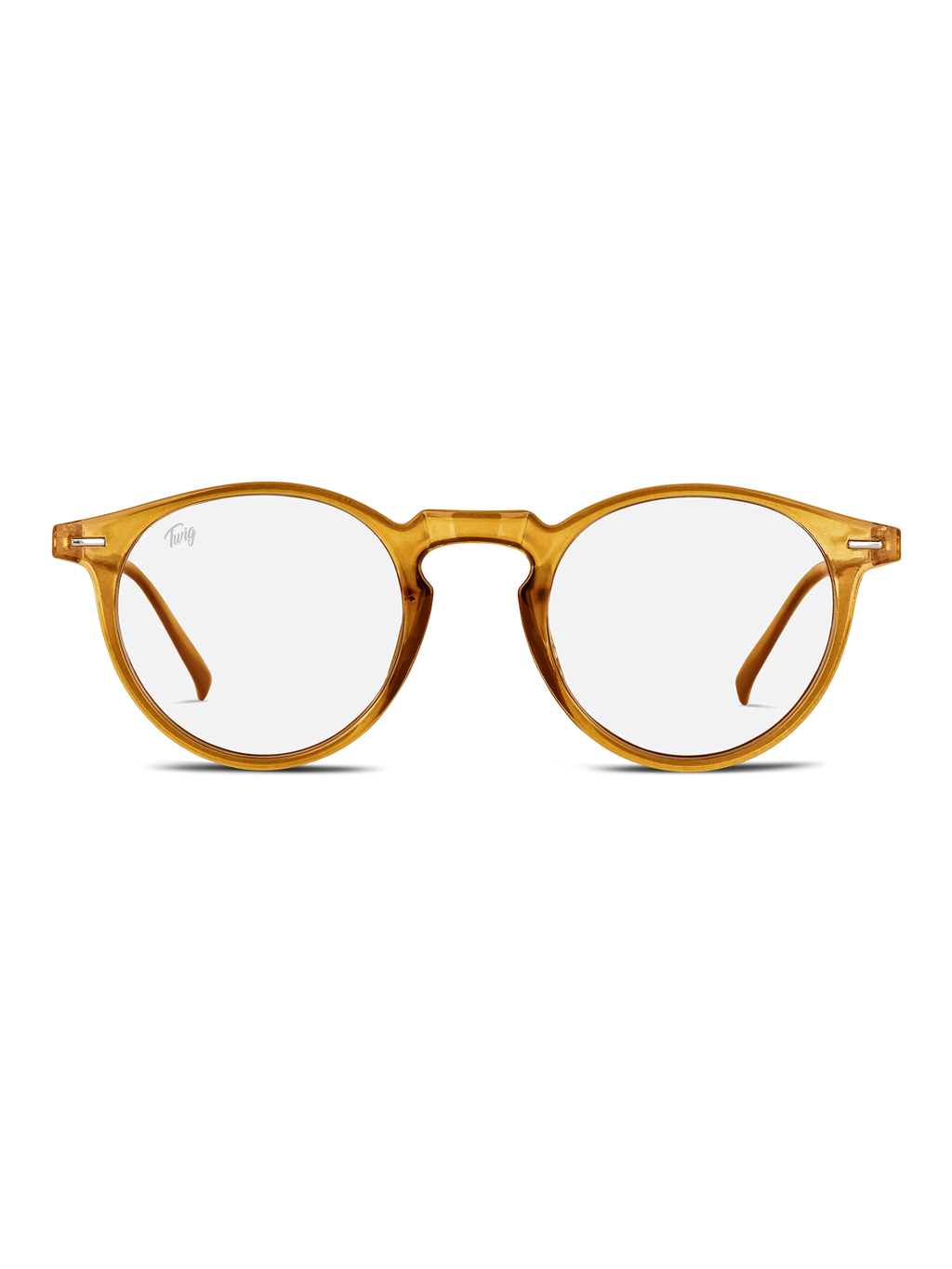 Gli Occhiali luce blu Watson di TWIG Concept Milano sono occhiali rotondi e trasparenti con montatura marrone chiaro, progettati per ridurre lo stress visivo da schermo, su sfondo bianco.