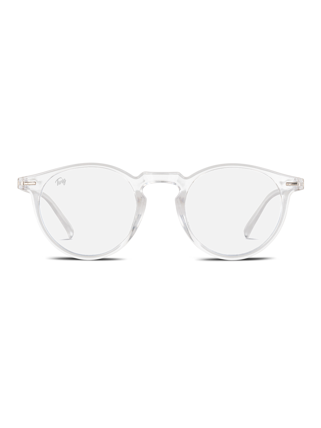 TWIG Concept Milano Occhiali luce blu Watson: occhiali chiari e rotondi con montatura e stanghette trasparenti, progettati per ridurre lo stress visivo durante il lavoro al computer. Mostrati rivolti in avanti su uno sfondo bianco.
