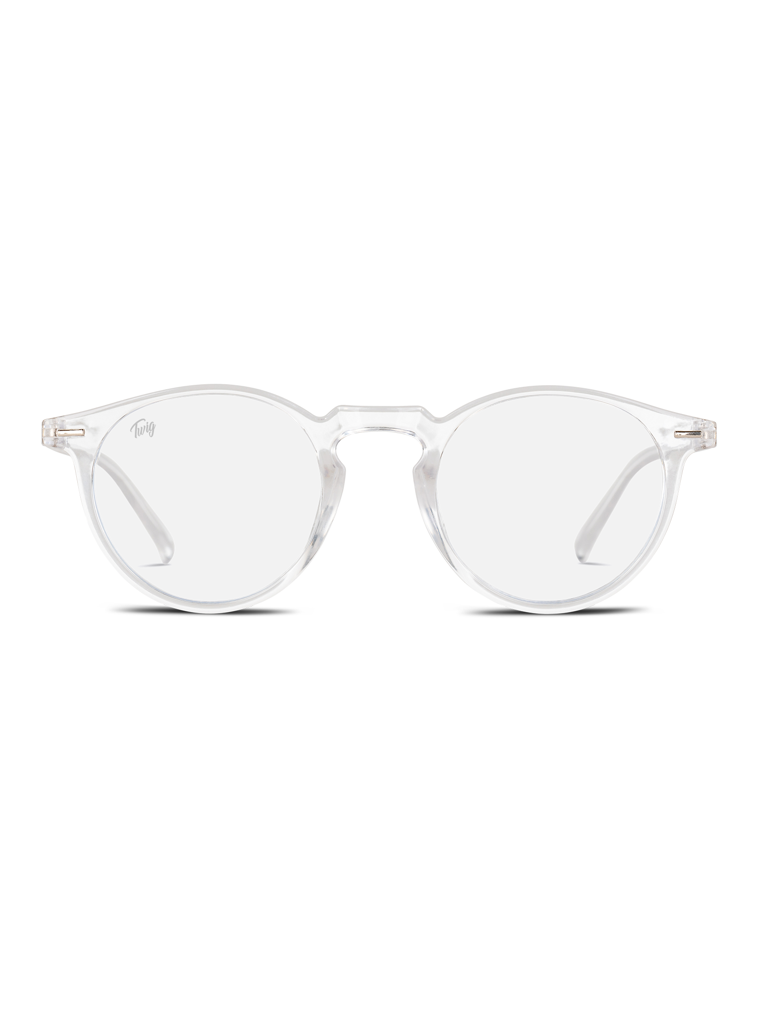 TWIG Concept Milano Occhiali luce blu Watson: occhiali chiari e rotondi con montatura e stanghette trasparenti, progettati per ridurre lo stress visivo durante il lavoro al computer. Mostrati rivolti in avanti su uno sfondo bianco.