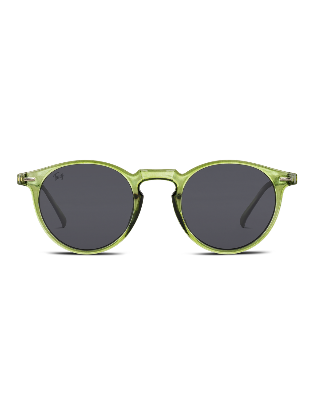 Vista frontale di TWIG Concept Milano Occhiali da sole Watson unisex con montatura in policarbonato verde chiaro traslucido e lenti scure, protezione UV 400, su sfondo bianco.