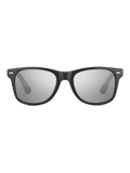 Occhiali da sole Dirac di TWIG Concept Milano: eleganti, neri e rettangolari con lenti specchiate argento e protezione UV 400, su sfondo bianco.
