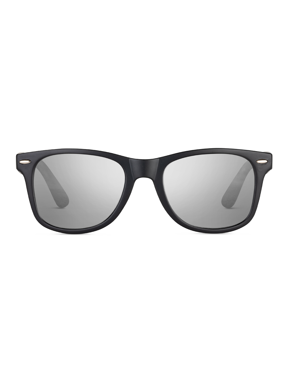 Occhiali da sole Dirac di TWIG Concept Milano: eleganti, neri e rettangolari con lenti specchiate argento e protezione UV 400, su sfondo bianco.