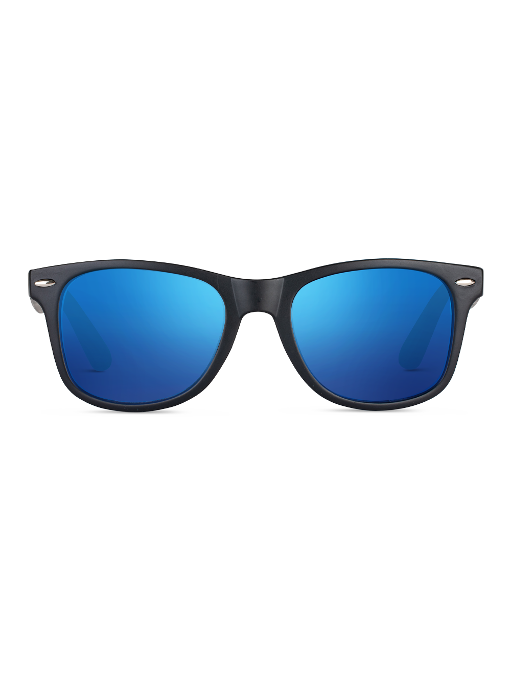 Gli Occhiali da sole Dirac di TWIG Concept Milano sono caratterizzati da una classica montatura nera leggermente arrotondata, lenti blu lucide specchiate con protezione UV 400 e piccoli accenti metallici agli angoli superiori. Mostrati su un semplice sfondo bianco.