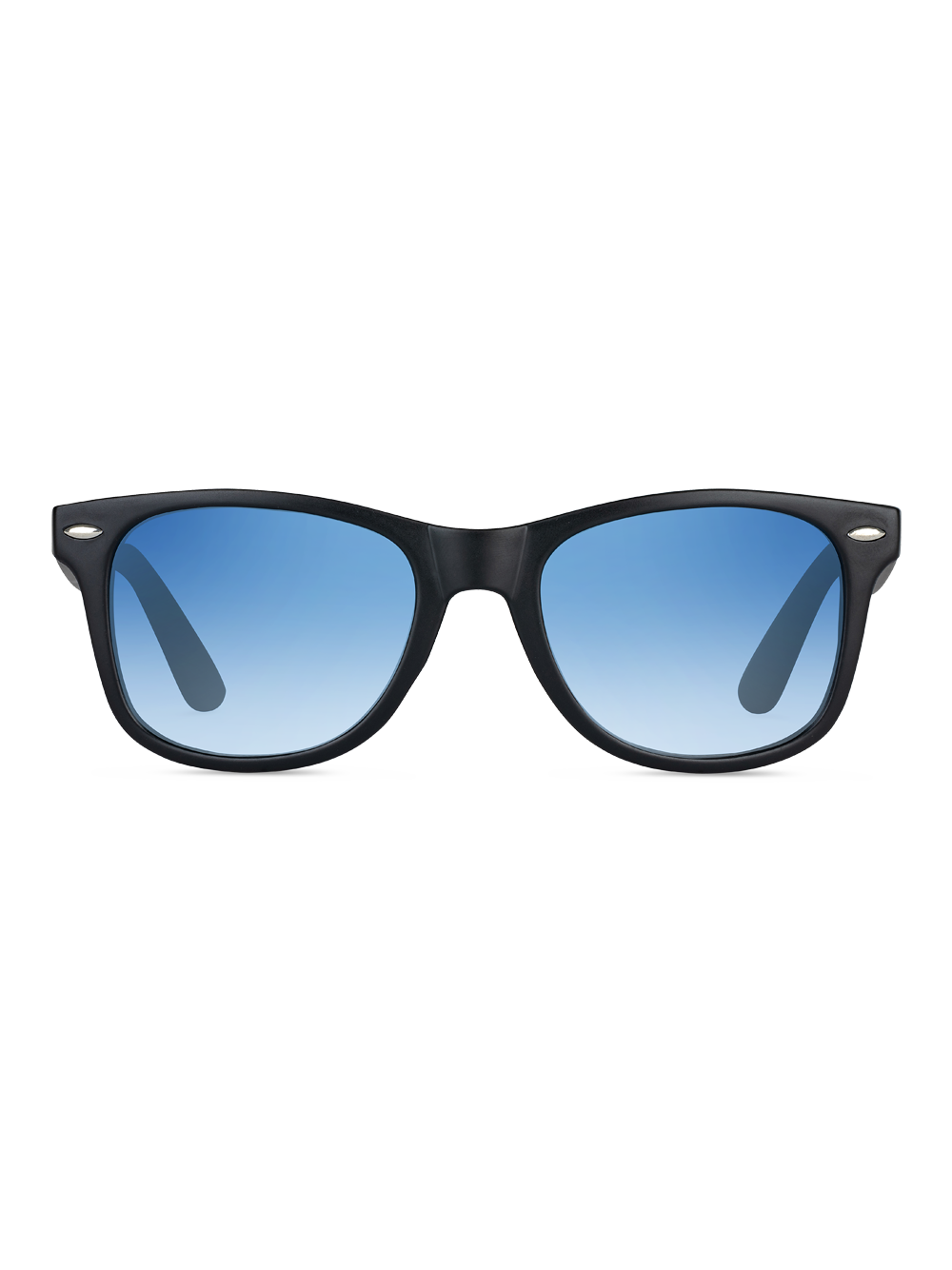 Occhiali da sole Dirac di TWIG Concept Milano con montatura nera, lenti blu sfumate in policarbonato resistente e protezione UV 400, su sfondo bianco.