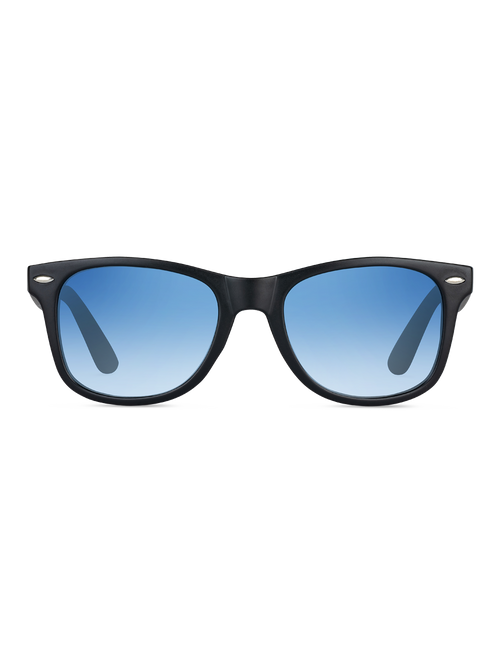 Occhiali da sole Dirac di TWIG Concept Milano con montatura nera, lenti blu sfumate in policarbonato resistente e protezione UV 400, su sfondo bianco.