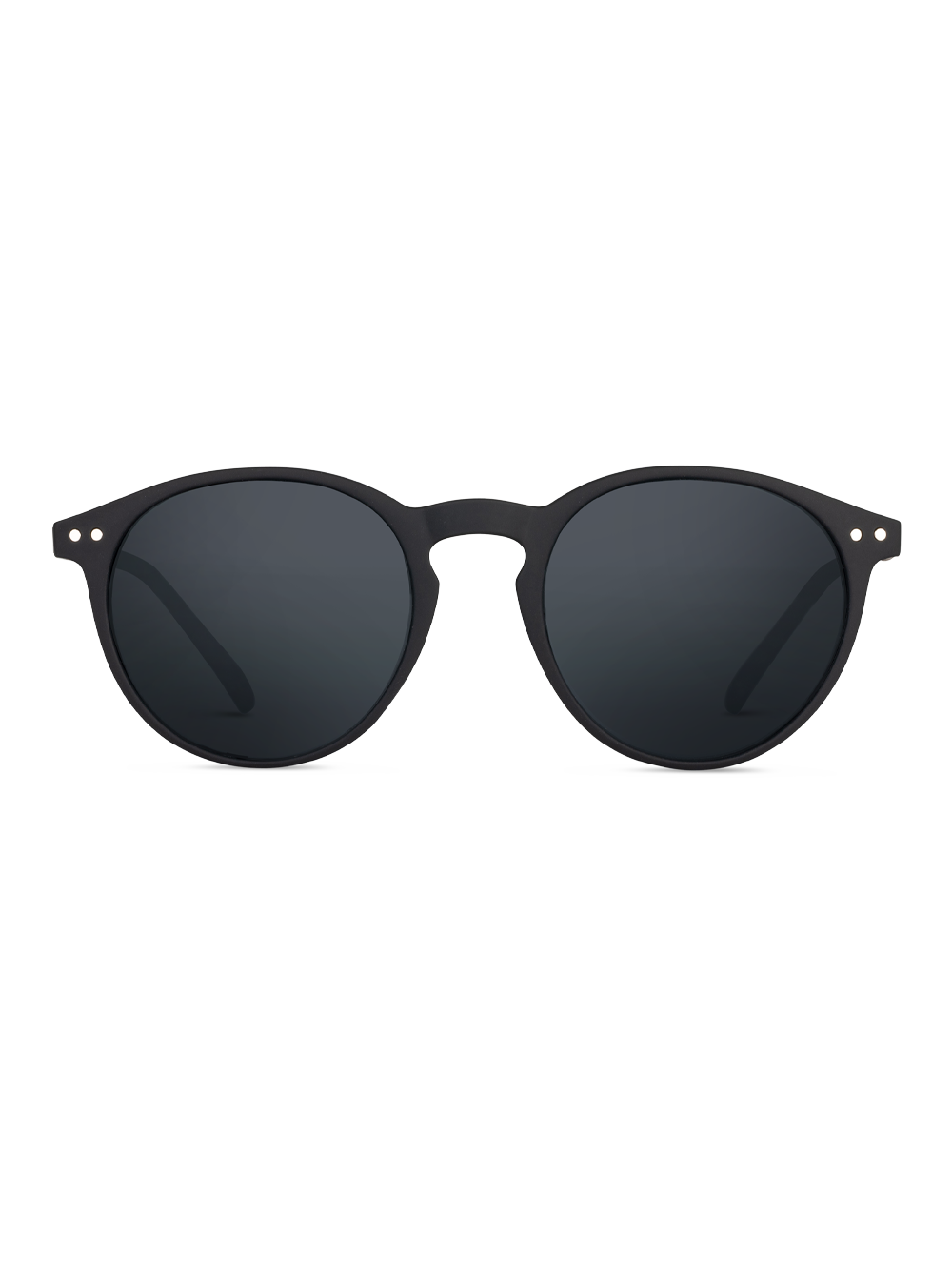 Occhiali da sole Weil di TWIG Concept Milano, montatura tonda unisex di colore nero con lenti scure e due punti argento vicino alle cerniere, vista frontale su sfondo bianco. Offrono protezione UV400.