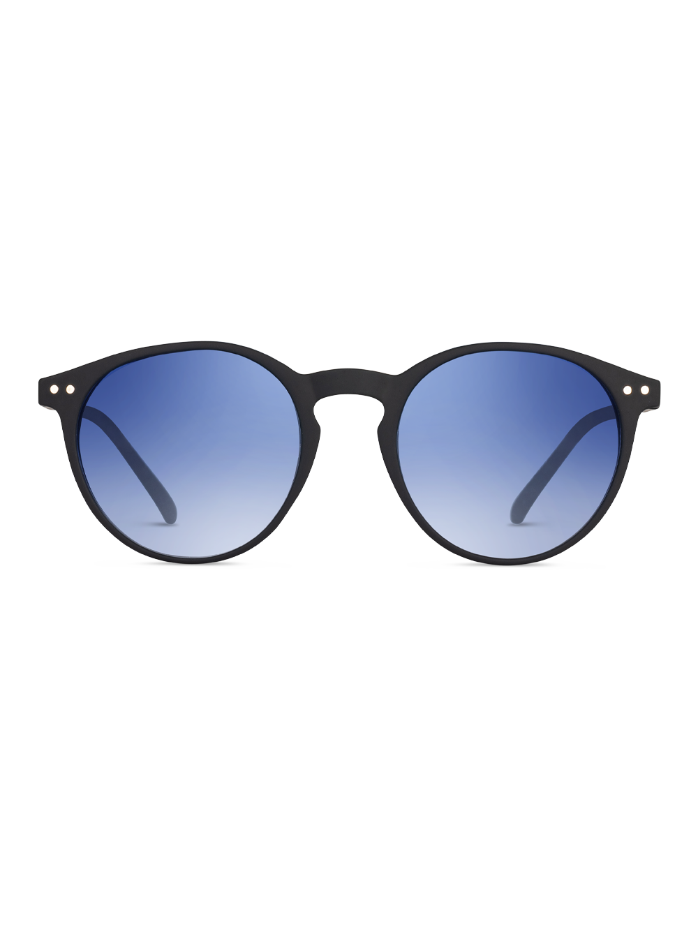 Gli Occhiali da sole Weil di TWIG Concept Milano sono occhiali da sole tondi unisex con montatura nera, lenti blu sfumate e protezione UV 400, su sfondo bianco.