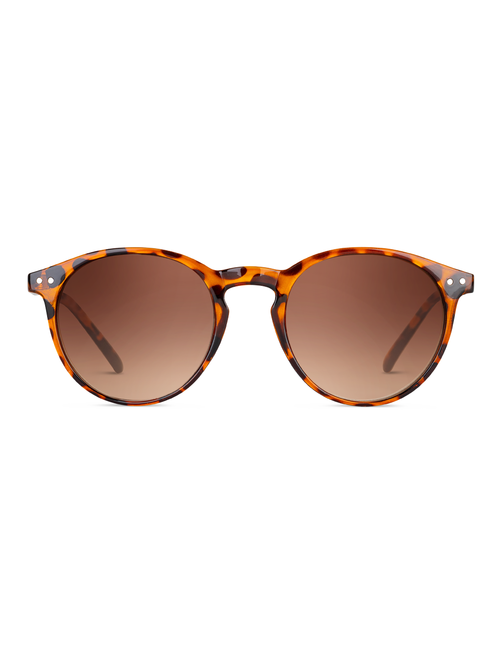 Gli Occhiali da sole Weil di TWIG Concept Milano sono occhiali da sole unisex rotondi in tartaruga con lenti sfumate marroni e protezione UV 400, presentati frontalmente su sfondo bianco.