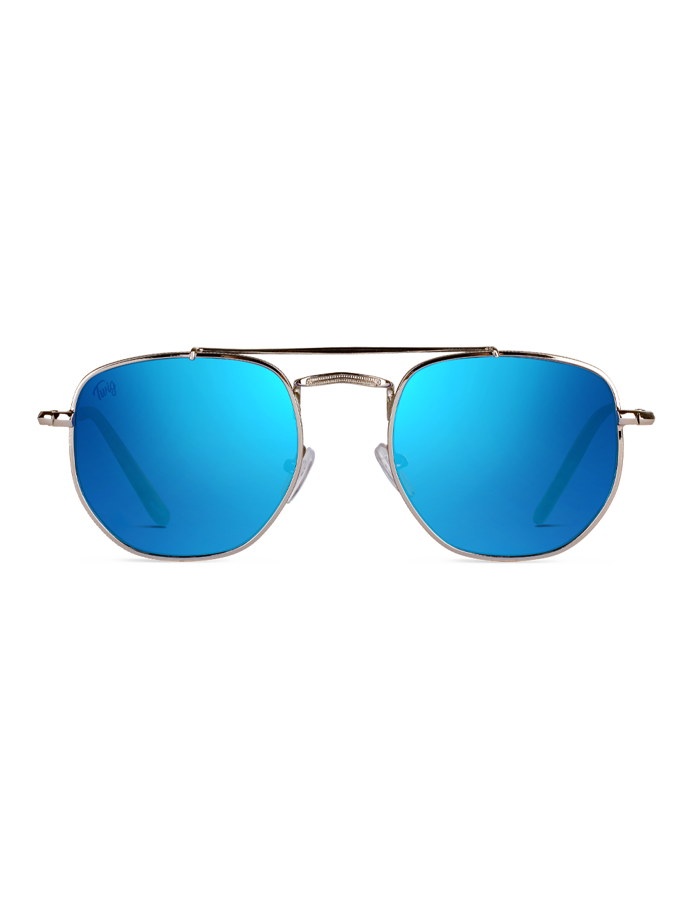 Vista frontale degli Occhiali da sole Wigner di TWIG Concept Milano con lenti in policarbonato specchiato blu vivo e protezione UV 400, su sfondo bianco.