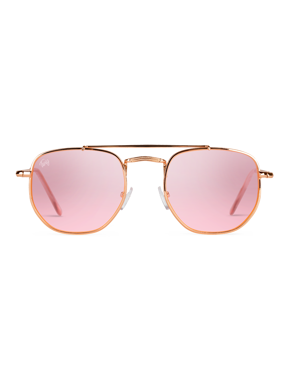 Occhiali da sole Wigner di TWIG Concept Milano: aviatori dalla montatura dorata con lenti in policarbonato colorate di rosa e protezione UV 400, visualizzate su sfondo bianco.
