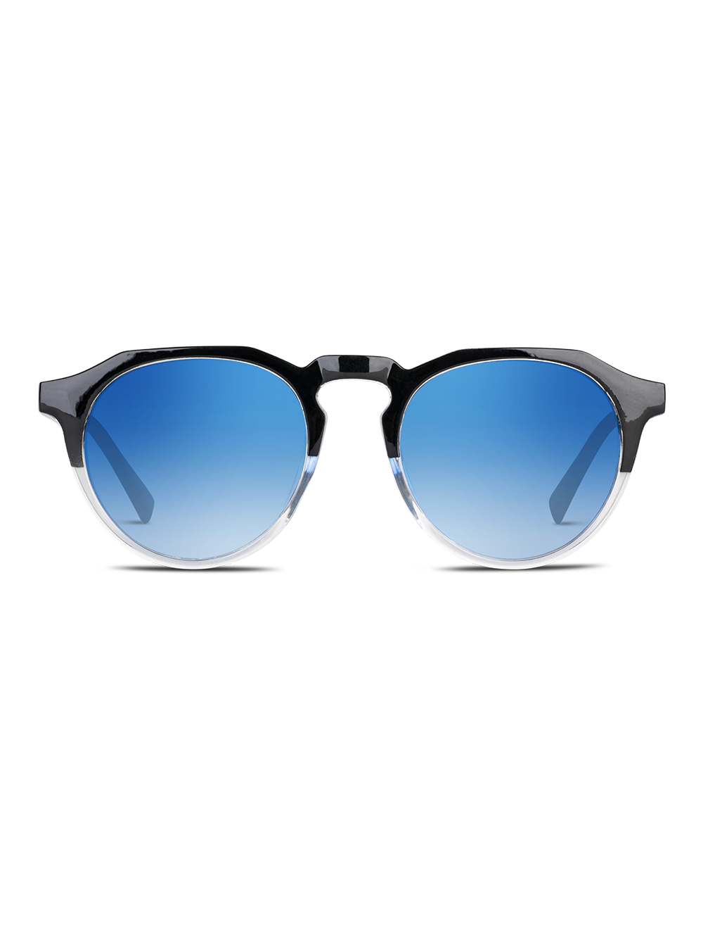 Gli Occhiali da sole Woolf di TWIG Concept Milano sono occhiali da sole rotondi unisex con montatura nera, lenti blu sfumate e protezione UV 400, realizzati in policarbonato e presentati su sfondo bianco.
