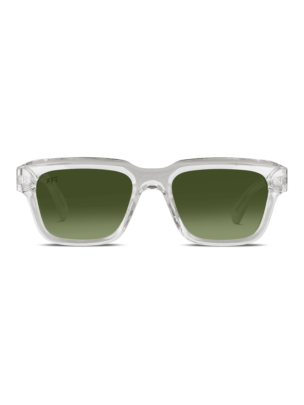 I Crystalith di X Frame Therapy sono occhiali da sole rettangolari unisex con montatura chiara e lenti colorate di verde, realizzati in acetato di cellulosa di prima qualità e presentati su uno sfondo bianco semplice.
